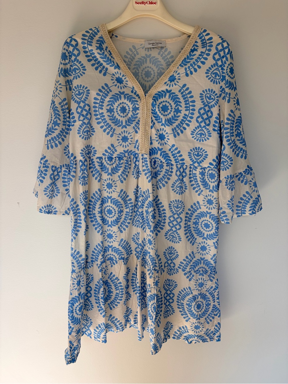 Women’s Long-Sleeve Cream Dress with Blue Medallion Print